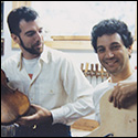 Charles Rufino (left) in Jimmy D'Aquisto's shop, 1986